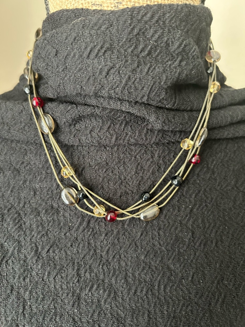 Multistrand Beaded Necklace in Black, Red, Gold, and Clear